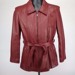 Wilsons Red Leather Jacket Coat Belted Zipper